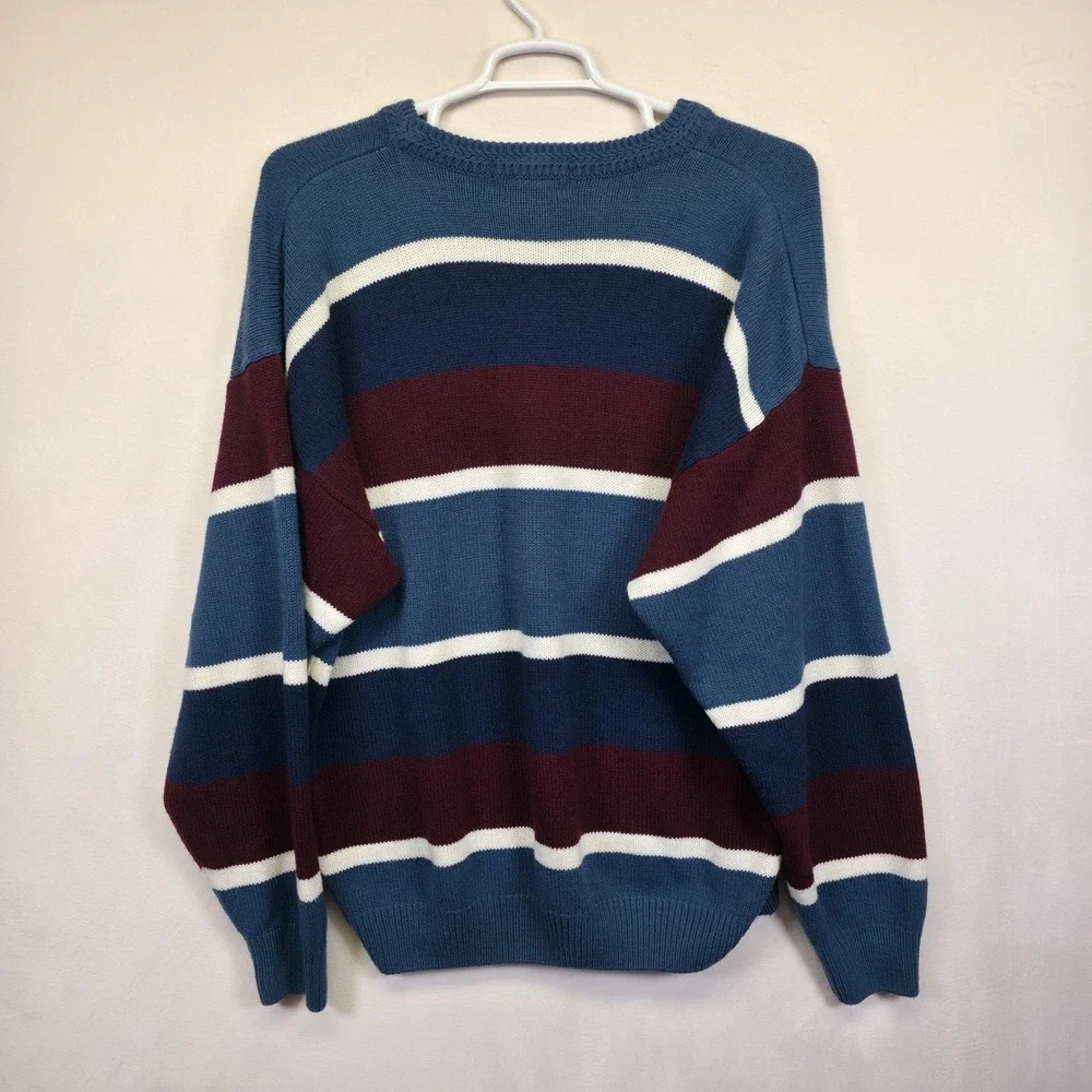 American Weekend Sweater Men 2XL Red Blue Striped Cable Knit Oversized Retro VTG